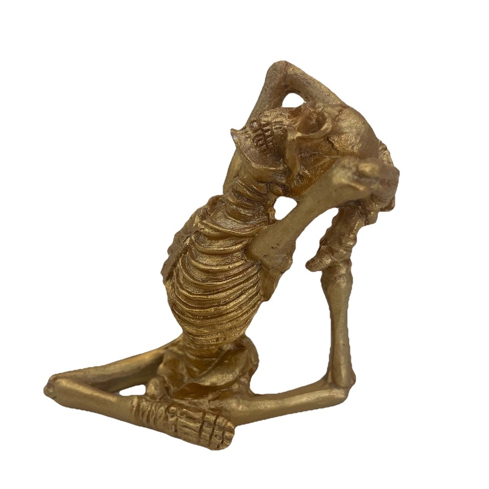 Skeleton Yoga King Pigeon Pose Halloween Decor Resin Figurine Gold Color 3.75”